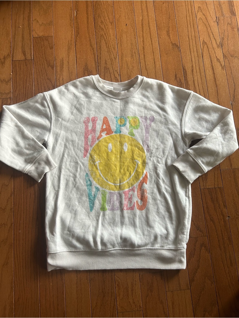 art class White Sweatshirt with Yellow Smiley and Pastel 'Happy Vibes'
